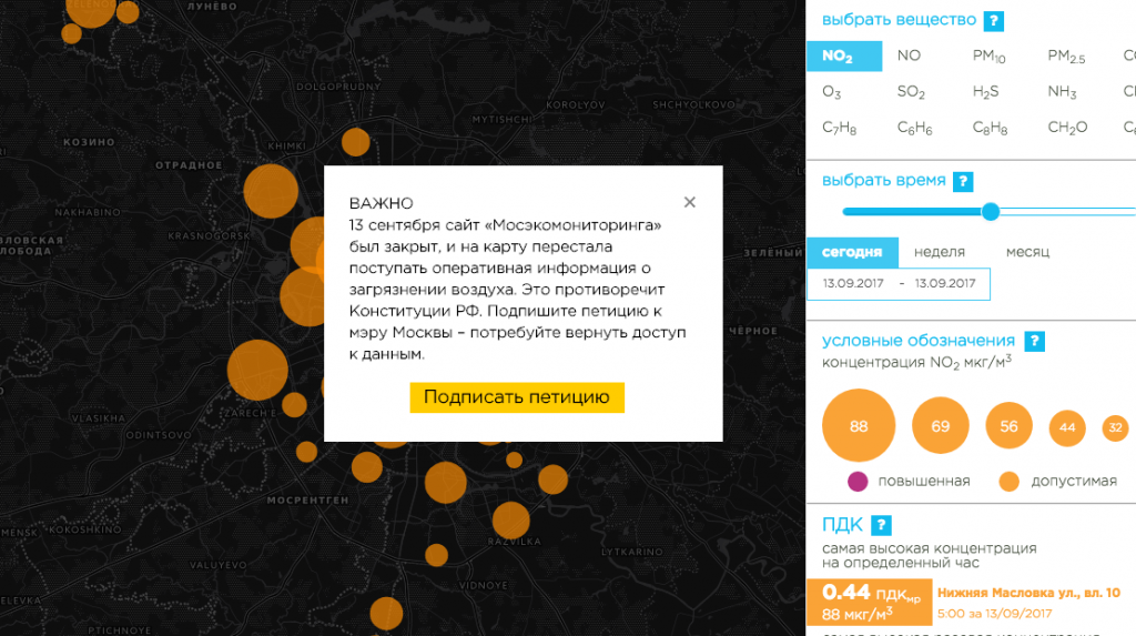 Карта состава воздуха в Москве (версия Greenpeace)